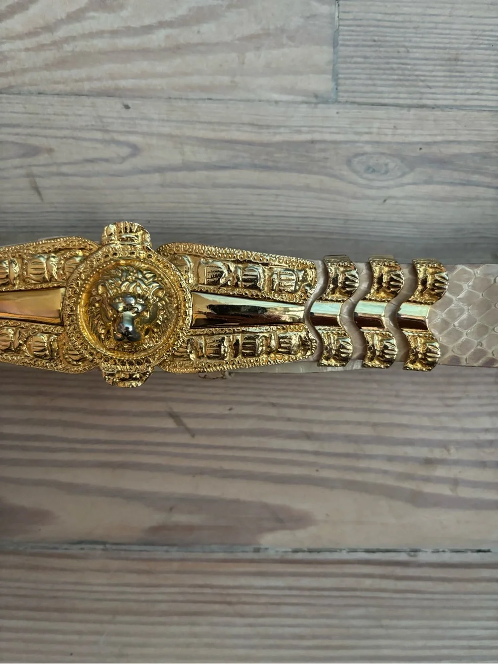 Vintage Judith Leiber Ivory Snakeskin Signature Belt with Gold Lion Crest